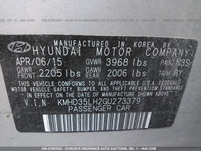 KMHD35LH2GU273379 - 2016 HYUNDAI ELANTRA GT SILVER photo 9