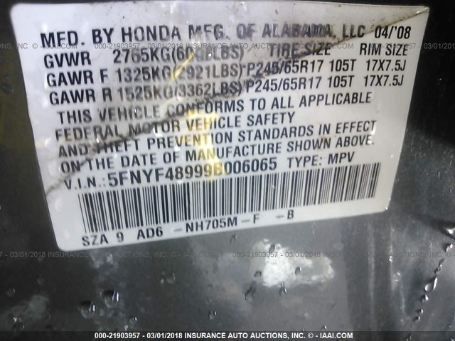 5FNYF48999B006065 - 2009 HONDA PILOT TOURING GRAY photo 9