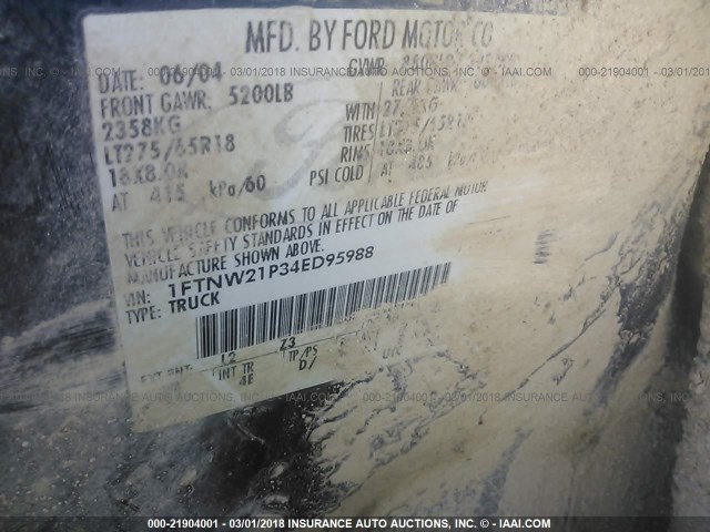 1FTNW21P34ED95988 - 2004 FORD F250 SUPER DUTY BLUE photo 9