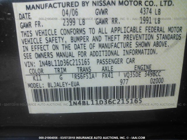 1N4BL11D36C215165 - 2006 NISSAN ALTIMA SE/SL/SE-R GRAY photo 9