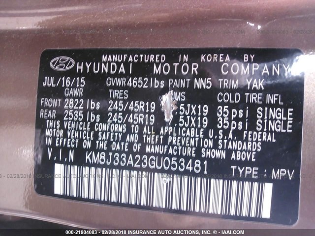 KM8J33A23GU053481 - 2016 HYUNDAI TUCSON LIMITED/SPORT AND ECO/SE BROWN photo 9