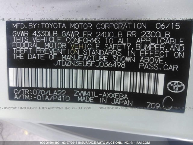 JTDZN3EU5FJ036498 - 2015 TOYOTA PRIUS V WHITE photo 9