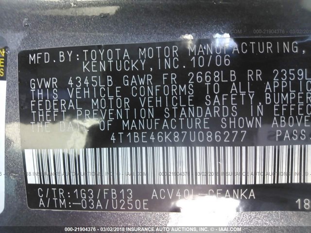 4T1BE46K87U086277 - 2007 TOYOTA CAMRY NEW GENERAT CE/LE/XLE/SE GRAY photo 9