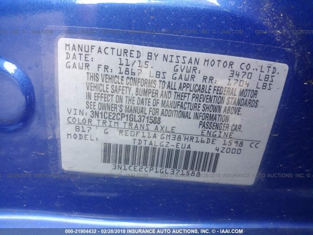 3N1CE2CP1GL371588 - 2016 NISSAN VERSA NOTE S/S PLUS/SV/SL/SR BLUE photo 9