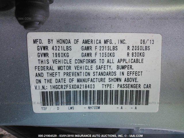 1HGCR2F5XDA218403 - 2013 HONDA ACCORD SPORT 银色 照片 9