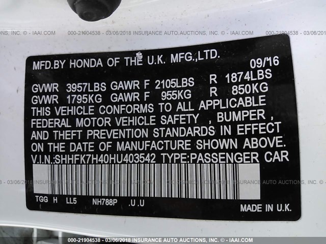 SHHFK7H40HU403542 - 2017 HONDA CIVIC SPORT 白色 照片 9