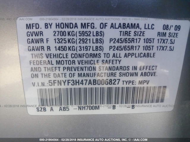 5FNYF3H47AB006827 - 2010 HONDA PILOT EX SILVER photo 9