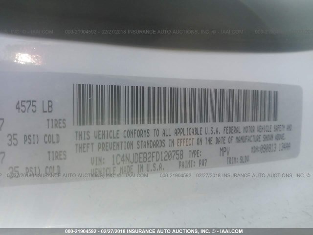 1C4NJDEB2FD120758 - 2015 JEEP COMPASS LATITUDE 白色 照片 9