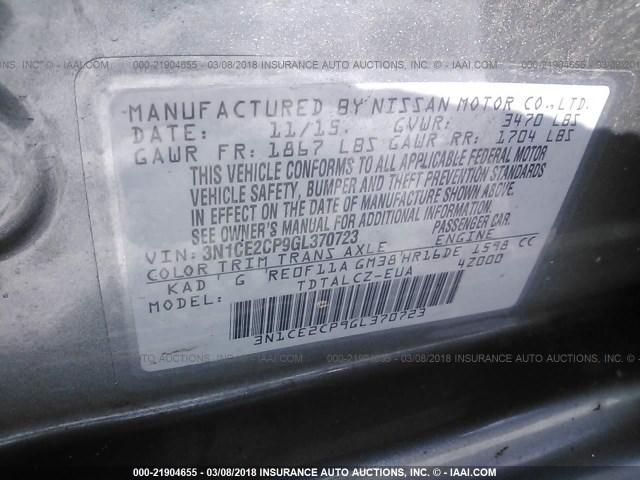 3N1CE2CP9GL370723 - 2016 NISSAN VERSA NOTE S/S PLUS/SV/SL/SR GRAY photo 9