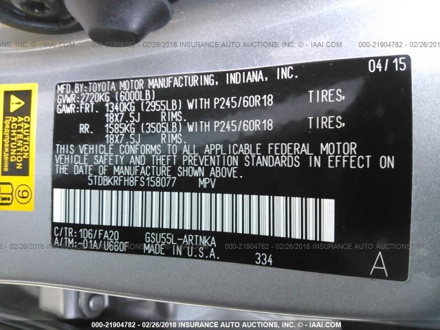 5TDBKRFH8FS158077 - 2015 TOYOTA HIGHLANDER LE/LE PLUS SILVER photo 9