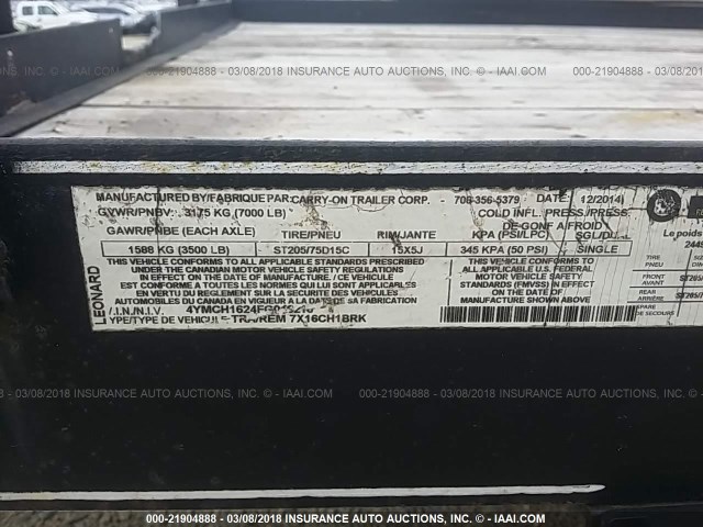 4YMCH1624FG019216 - 2015 CAON TRAILER BLACK photo 9