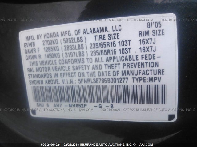 5FNRL38786B001277 - 2006 HONDA ODYSSEY EXL TEAL photo 9