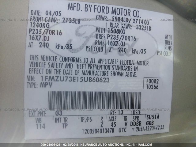 1FMZU73E15UB60623 - 2005 FORD EXPLORER XLT/XLT SPORT/NBX 棕色 照片 9