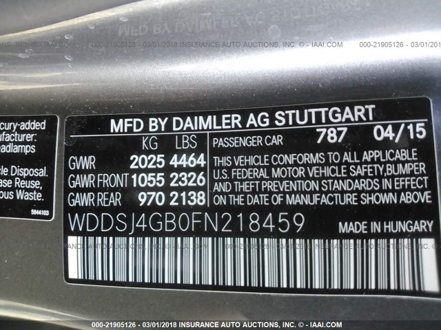 WDDSJ4GB0FN218459 - 2015 MERCEDES-BENZ CLA 250 4MATIC GRAY photo 9