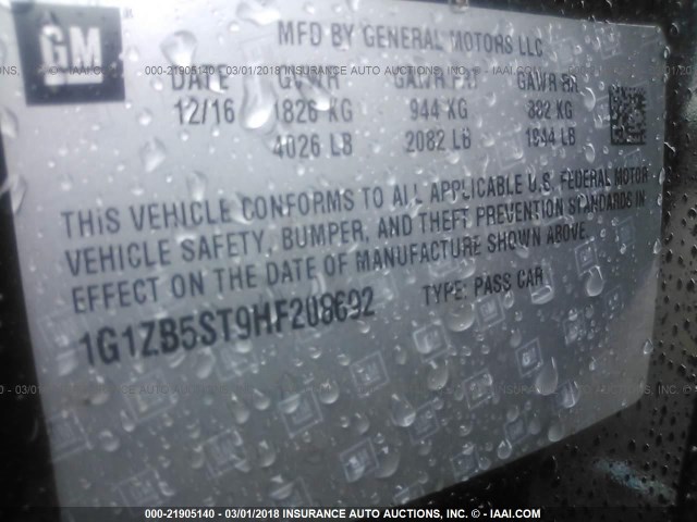 1G1ZB5ST9HF208692 - 2017 CHEVROLET MALIBU LS შავი ფოტო 9