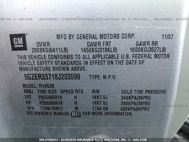 5GZER33718J203599 - 2008 SATURN OUTLOOK XR/TOURING 银色 照片 9