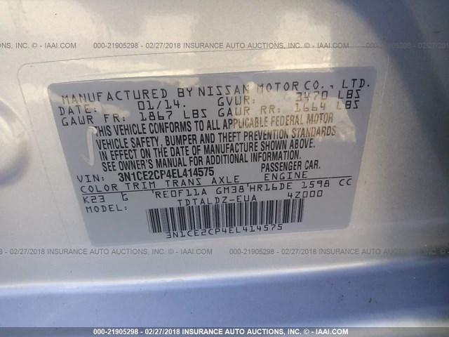 3N1CE2CP4EL414575 - 2014 NISSAN VERSA NOTE S/S PLUS/SV/SL SILVER photo 9