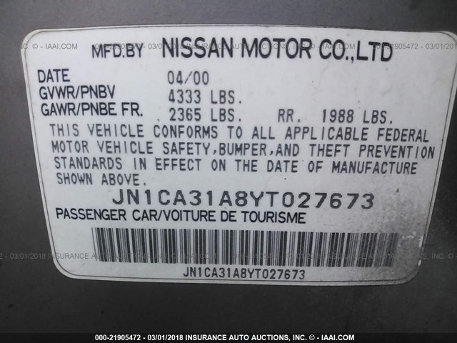 JN1CA31A8YT027673 - 2000 NISSAN MAXIMA GLE/GXE/SE SILVER photo 9