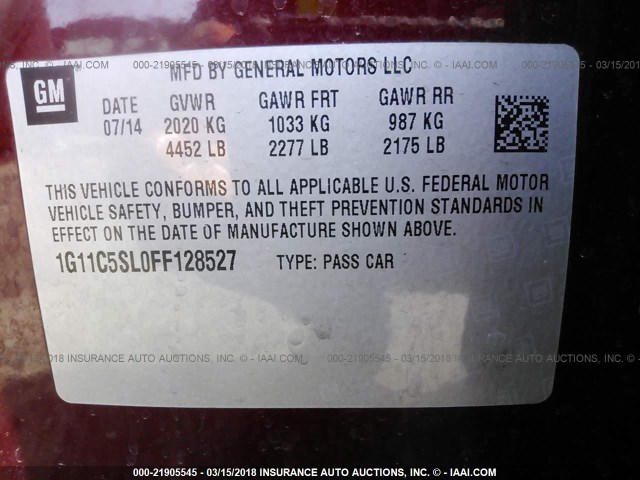 1G11C5SL0FF128527 - 2015 CHEVROLET MALIBU 1LT 栗色 照片 9