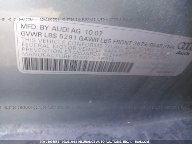 WAUDH74F18N060589 - 2008 AUDI A6 3.2 QUATTRO GRAY photo 9