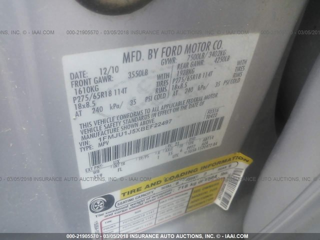 1FMJU1J5XBEF22497 - 2011 FORD EXPEDITION XLT/KING RANCH SILVER photo 9