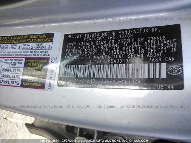 4T1BF3EK5AU019474 - 2010 TOYOTA CAMRY SE/LE/XLE SILVER photo 9