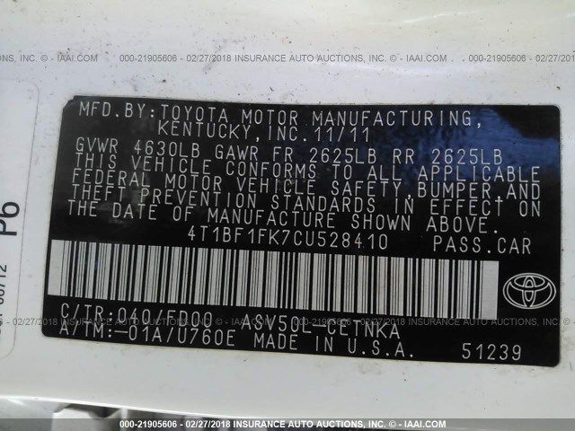 4T1BF1FK7CU528410 - 2012 TOYOTA CAMRY SE/LE/XLE თეთრი ფოტო 9