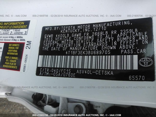 4T1BF3EK3BU689705 - 2011 TOYOTA CAMRY SE/LE/XLE WHITE photo 9