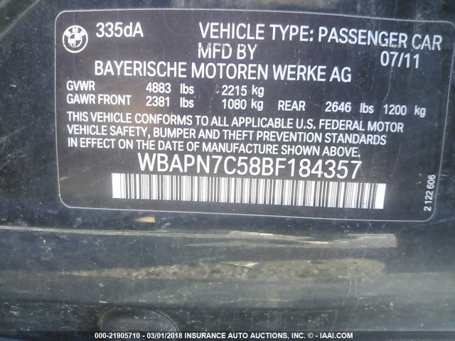WBAPN7C58BF184357 - 2011 BMW 335 D BLACK photo 9