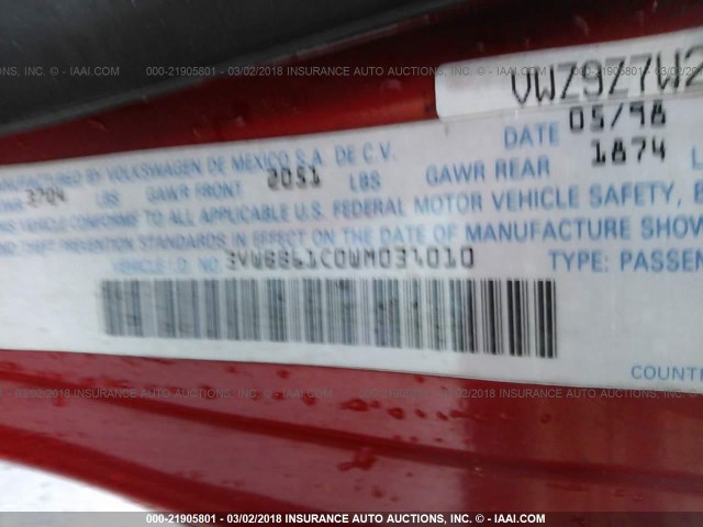 3VWBB61C0WM031010 - 1998 VOLKSWAGEN NEW BEETLE RED photo 9