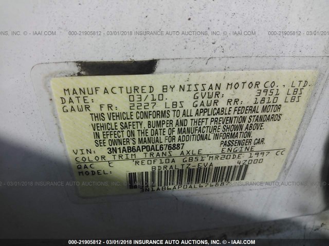 3N1AB6AP0AL676887 - 2010 NISSAN SENTRA 2.0/2.0S/SR/2.0SL WHITE photo 9