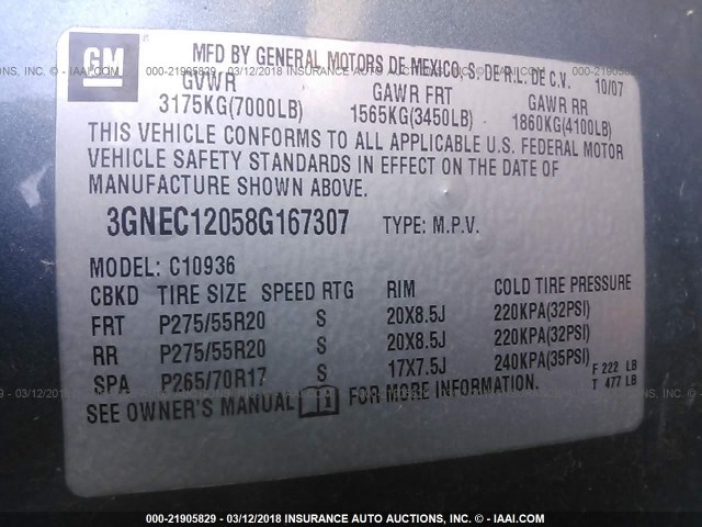 3GNEC12058G167307 - 2008 CHEVROLET AVALANCHE C1500 BLUE photo 9