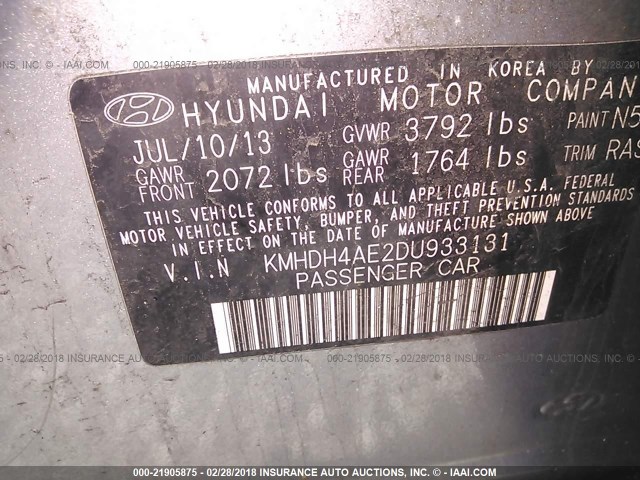 KMHDH4AE2DU933131 - 2013 HYUNDAI ELANTRA GLS/LIMITED GRAY photo 9