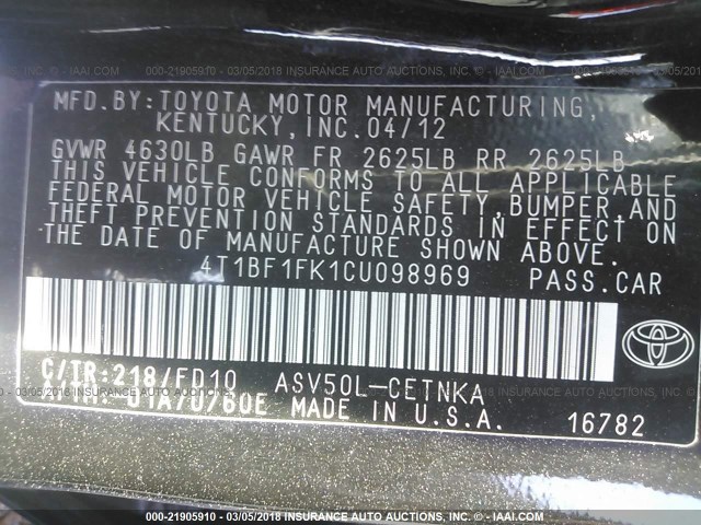 4T1BF1FK1CU098969 - 2012 TOYOTA CAMRY SE/LE/XLE BLACK photo 9