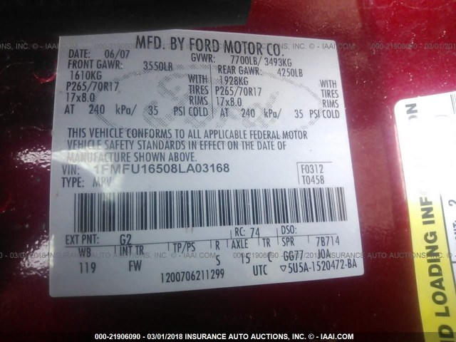 1FMFU16508LA03168 - 2008 FORD EXPEDITION XLT RED photo 9