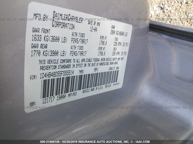 1D4HB48D55F555514 - 2005 DODGE DURANGO SLT SILVER photo 9