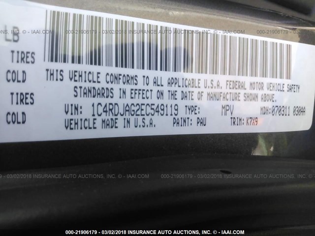 1C4RDJAG2EC549119 - 2014 DODGE DURANGO SXT GRAY photo 9