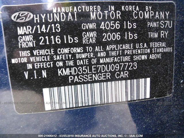 KMHD35LE7DU097723 - 2013 HYUNDAI ELANTRA GT BLUE photo 9