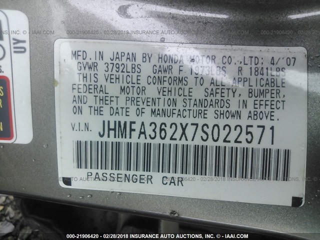 JHMFA362X7S022571 - 2007 HONDA CIVIC HYBRID GRAY photo 9