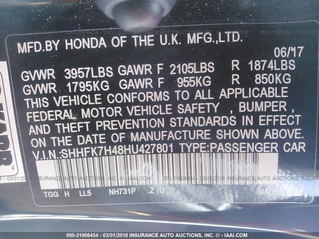 SHHFK7H48HU427801 - 2017 HONDA CIVIC SPORT Schwarz Foto 9