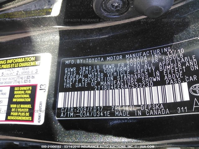 2T1BU4EE6AC533230 - 2010 TOYOTA COROLLA S/LE/XLE BLACK photo 9