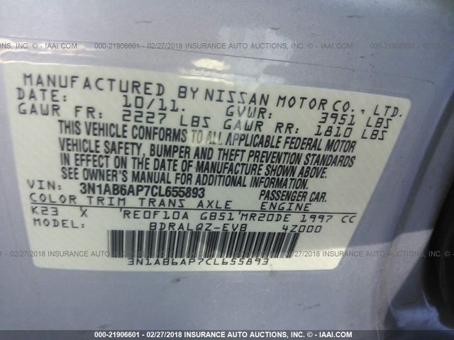 3N1AB6AP7CL655893 - 2012 NISSAN SENTRA 2.0/2.0S/SR/2.0SL SILVER photo 9