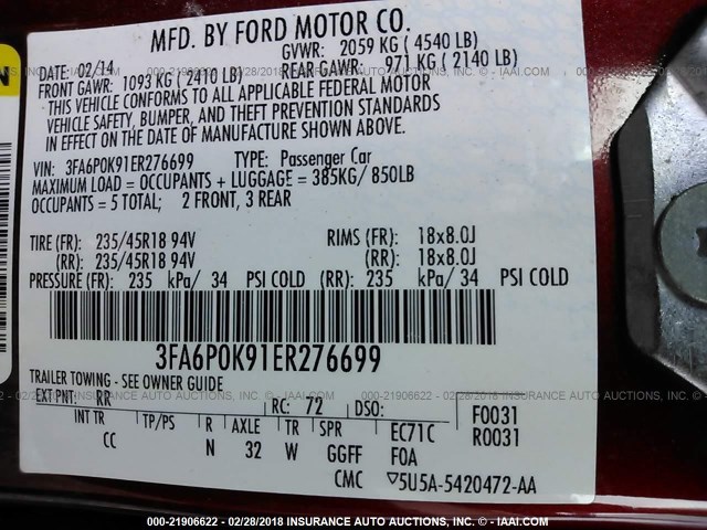 3FA6P0K91ER276699 - 2014 FORD FUSION TITANIUM MAROON photo 9