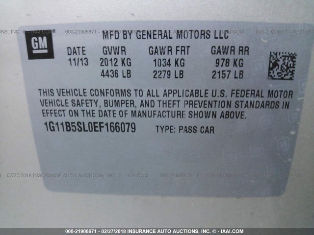 1G11B5SL0EF166079 - 2014 CHEVROLET MALIBU LS 棕色 照片 9