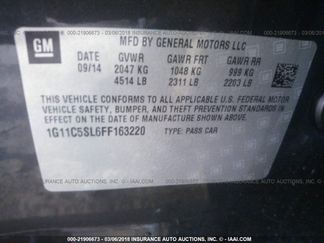 1G11C5SL6FF163220 - 2015 CHEVROLET MALIBU 1LT GRAY photo 9