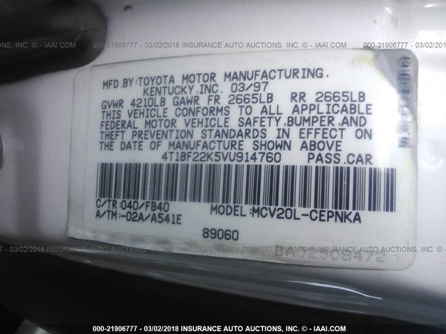 4T1BF22K5VU914760 - 1997 TOYOTA CAMRY CE/LE/XLE 白色 照片 9