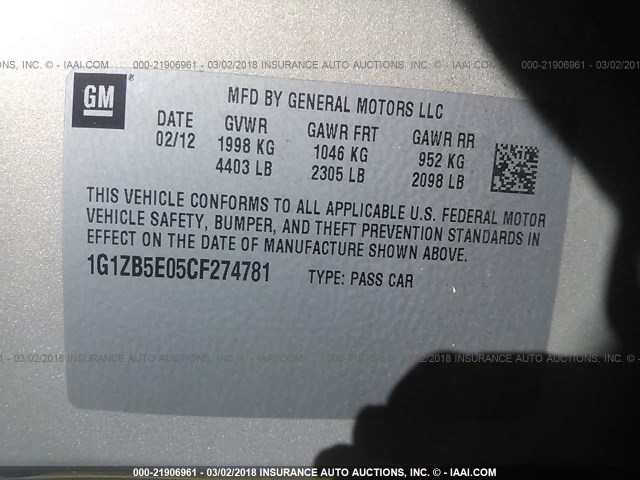 1G1ZB5E05CF274781 - 2012 CHEVROLET MALIBU LS 银色 照片 9