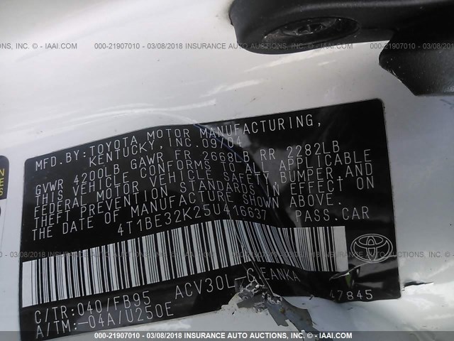 4T1BE32K25U416637 - 2005 TOYOTA CAMRY LE/XLE/SE WHITE photo 9