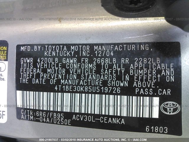 4T1BE30K85U519726 - 2005 TOYOTA CAMRY LE/XLE/SE GRAY photo 9