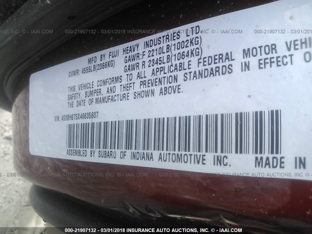 4S3BH675X46635607 - 2004 SUBARU LEGACY OUTBACK AWP 栗色 照片 9